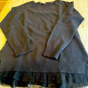 Garnet Hill Women’s Black Crewneck cashmere Sweater with lace and voile ruffle